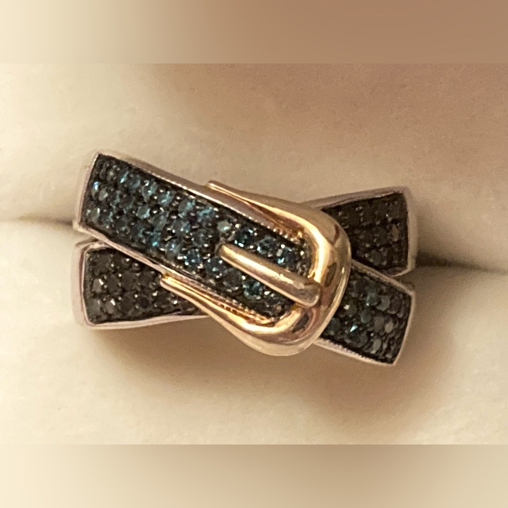 Black and Blue Diamond Belt Buckle Ring Size 7 Vintage Sterling Silver Jewelry